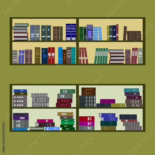 Bookshelves with a lot of books. Stacks of books of different colors, sizes and shapes isolated on a green background. The symbol of library, bookstore, education, science. Flat design style. Vector