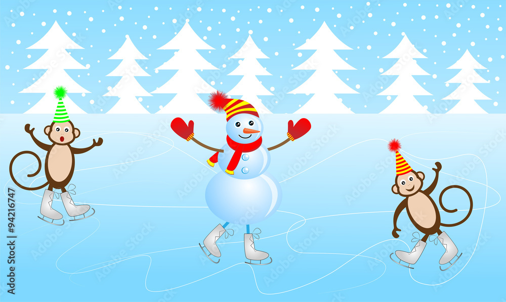 Cheerful snowman and two monkeys skate on the ice Cheerful snowman and two monkeys skate on the ice