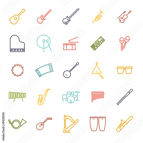 Musical Instruments Colored Line Icon Vector Set with 25 symbols