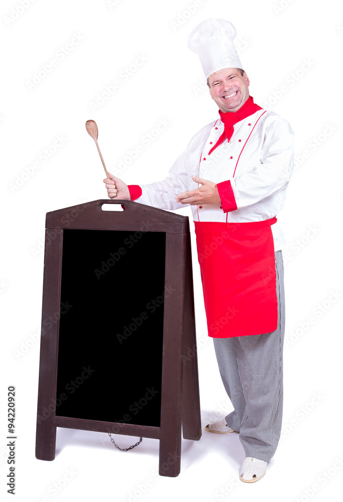 happy chef standing with an blank menu