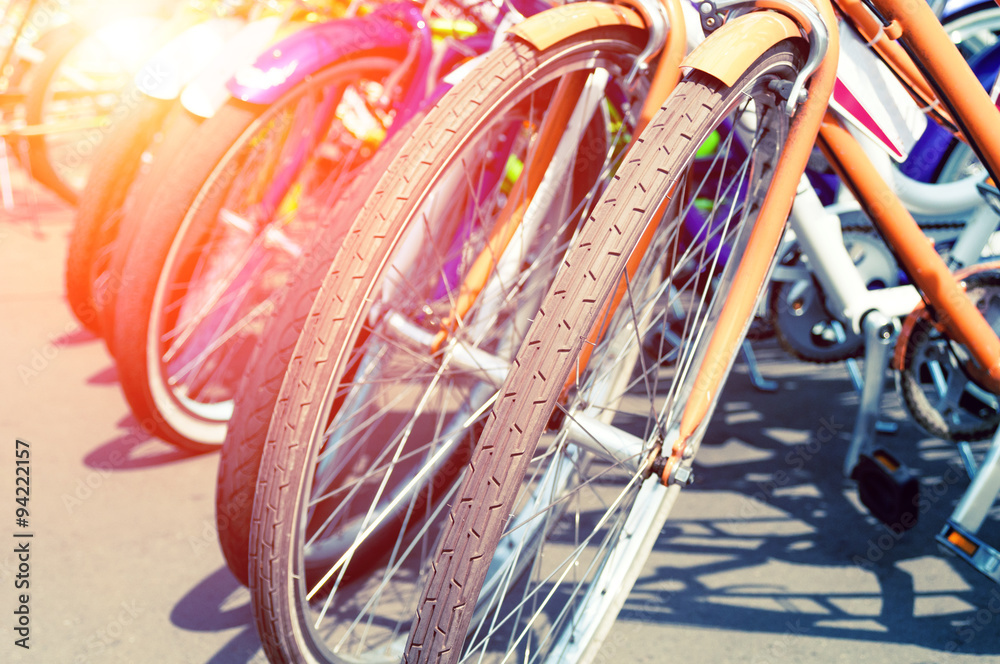 Wheels of bicycles closeup