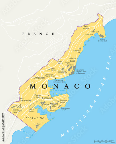 Monaco political map. City state in on the French Riviera, France, with national borders, important buildings and sights. English labeling and scaling. Illustration.