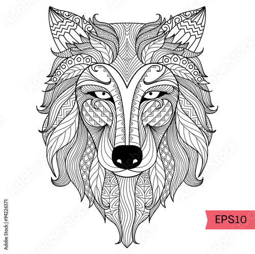 Poster Detail-Zentangle-Wolf zum Ausmalen, Tätowierung,  T-Shirt-Designeffekt und Logo - Nikkel-Art.de