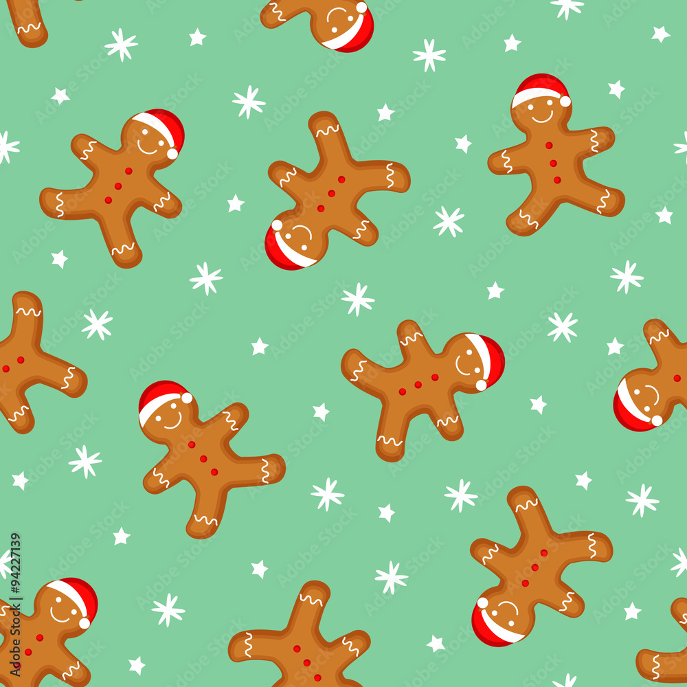 Obraz premium Gingerbread man seamless pattern. Cute vector background for new year's day, Christmas, winter holiday, cooking, new year's eve, food, etc. Cute Xmas background.