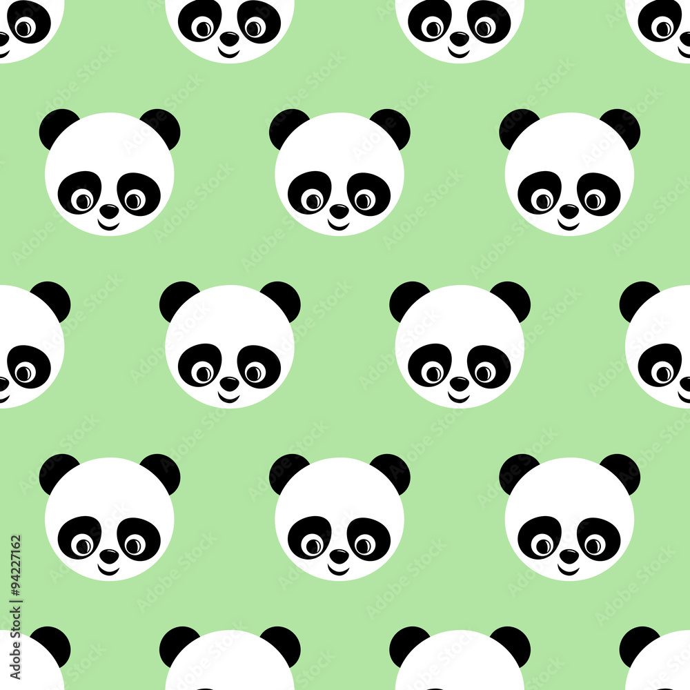 Panda seamless pattern on light green background. Cute vector background with smiling baby animal panda. Child style illustration.