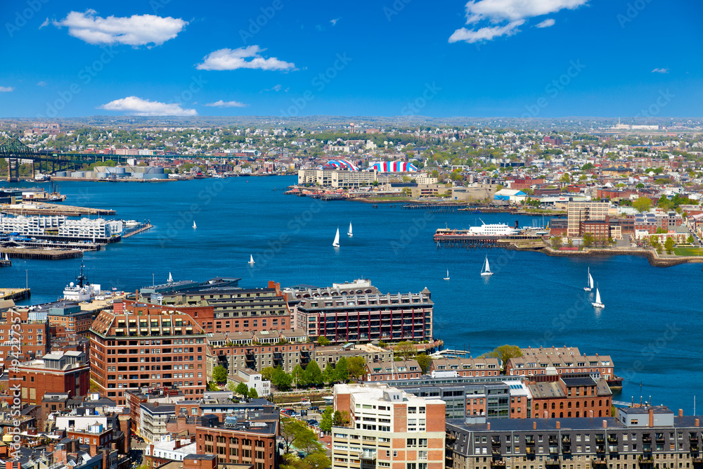 Boston harbor and waterfront aerial view