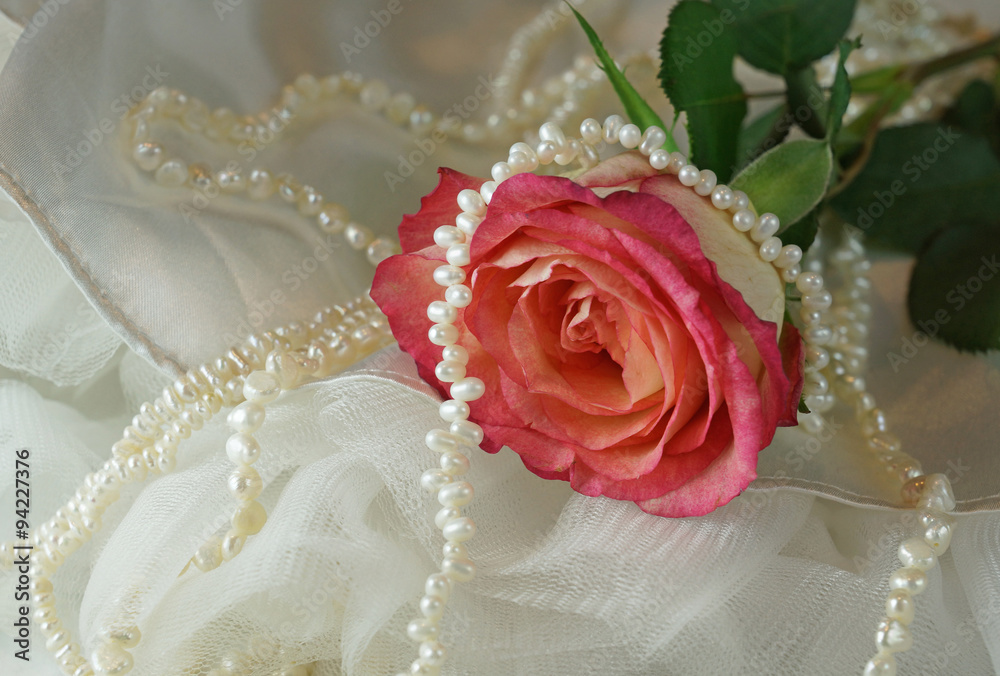 pink rose and pearls on a white dress