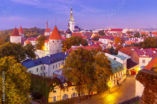 Aerial view old town in the twilight, Tallinn, Estonia