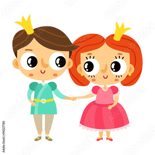 Cartoon prince and princess holding hands, cute vector characters isolated on white