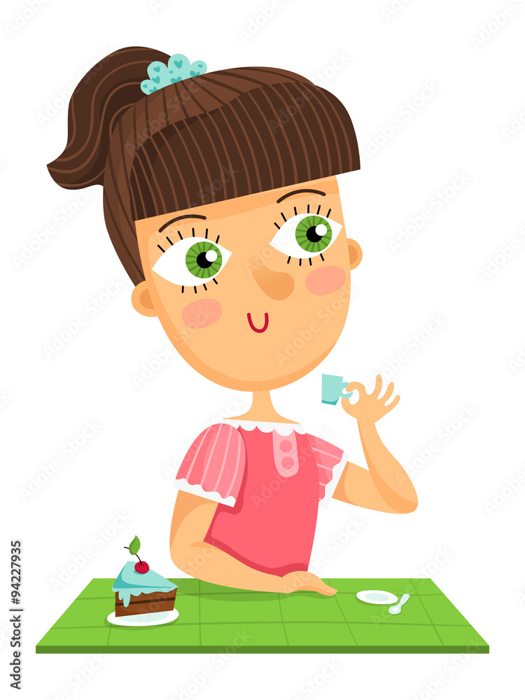 Cute girl sitting by the table drinking cup of coffee, vector character isolated on white Cute girl sitting by the table drinking cup of coffee, vector character isolated on white