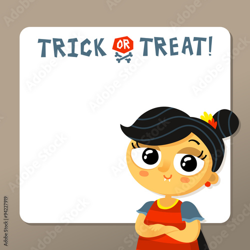 Quadro su tela Trick or treat Halloween vector background template with vampire girl in carniva