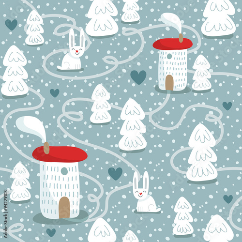 Winter seamless pattern with houses, trees and rabbits