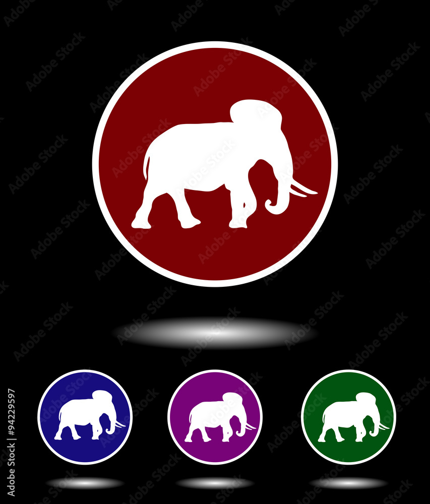 Vector icon logo set 3 in 1 with modern vintage white elephant on red, blue, violet and green background isolated on black highlighted Vector icon logo set 3 in 1 with modern vintage white elephant on red, blue, violet and green background isolated on black highlighted