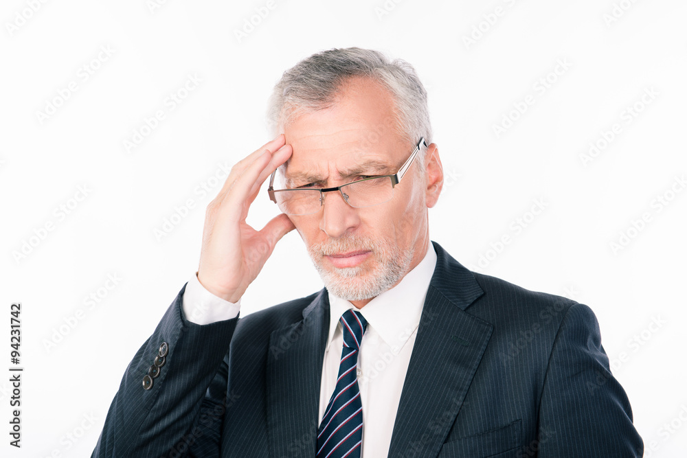 Portrait of stressed businessman with headache over white backgr Portrait of stressed businessman with headache over white backgr