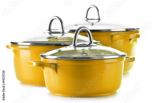 Steel pots isolated on white background