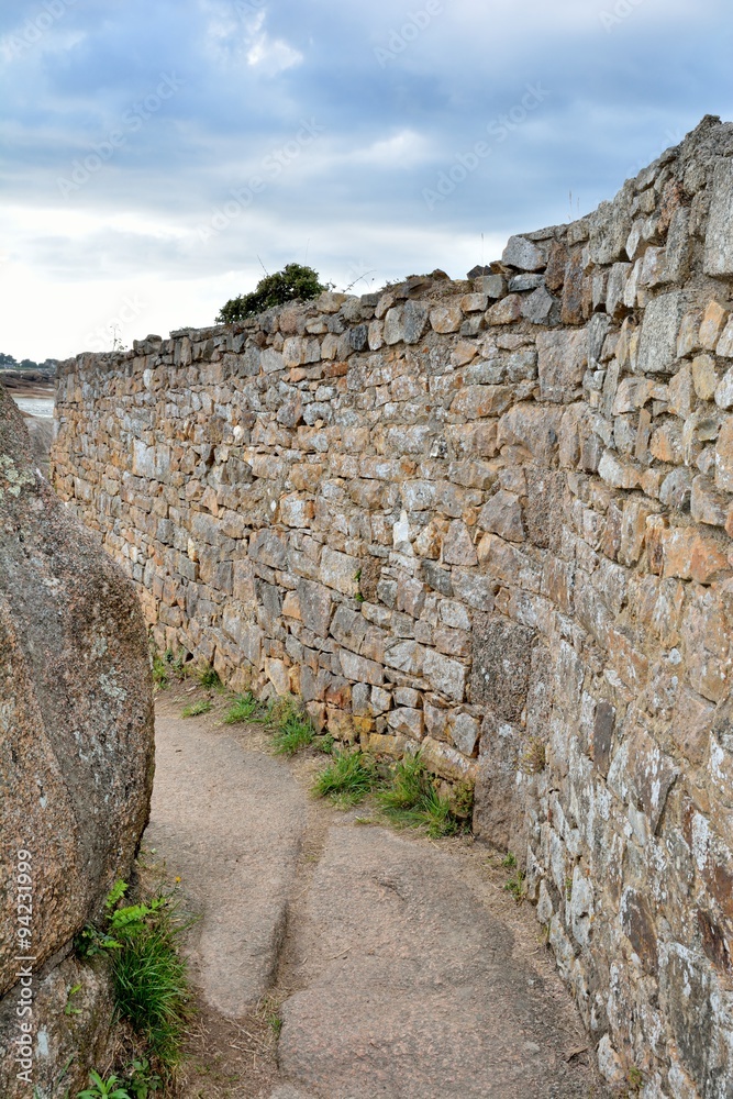 Sentier pédestre entouré de murs de pierres en granit à Ploumanach, Bretagne