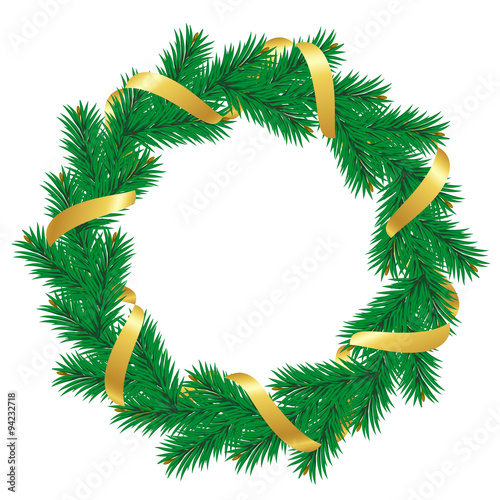 Christmas wreath with baubles and christmas tree. 