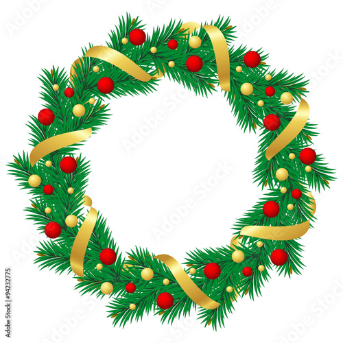 Christmas wreath with baubles and christmas tree. 