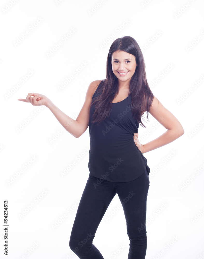 Cute young woman pointing to the side Cute young woman pointing to the side
