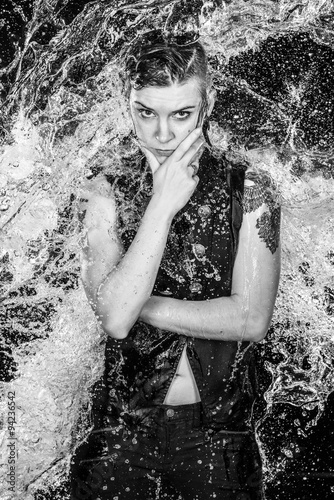 Angry Woman in Water Splashes in Monochrome