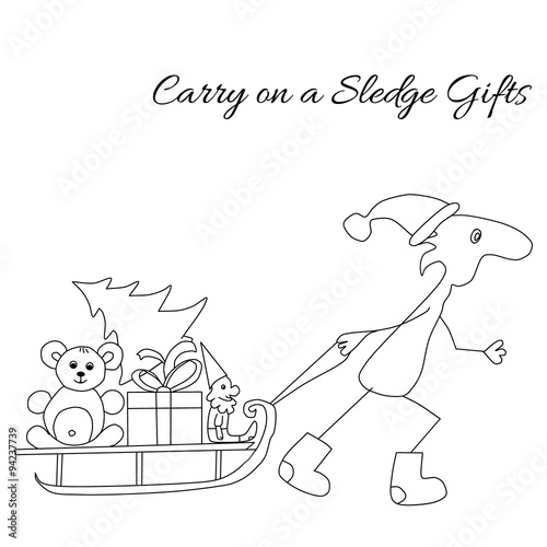 Funny character in flat style in Christmas cap and winter boots carries on a sledge different gifts. Use for cards, pattern fills, web pages, background  and etc.