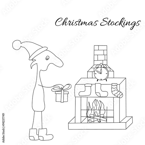 Funny character in flat style in Christmas cap and winter boots puts a gift in front of fireplace. Use for cards, pattern fills, web pages, background  and etc.