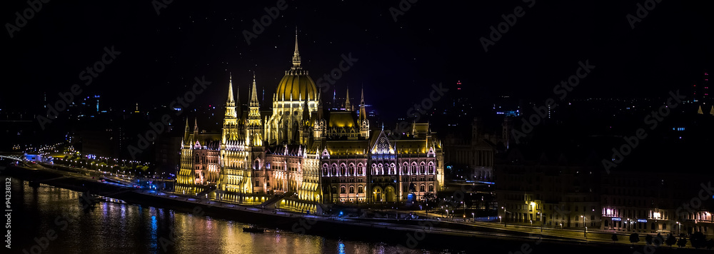 Obraz premium Panorama of hungarian parliament at night