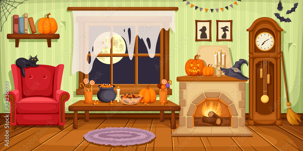 Fototapeta premium Halloween room interior. Vector illustration.