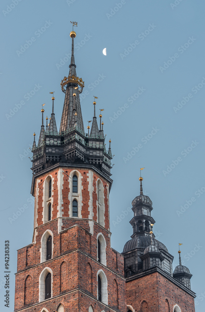 Medieval helmets of the towers of the St Mary's (Mariacki) church in Krakow, Poland.