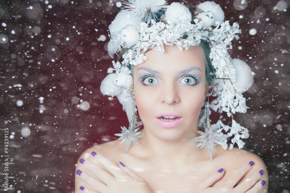 Frozen woman with tree hairstyle and makeup at Christmas, winter