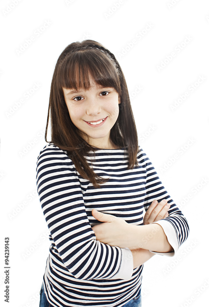 Portrait of a cute young girl standing with folded hands. Isolated on white background Portrait of a cute young girl standing with folded hands. Isolated on white background
