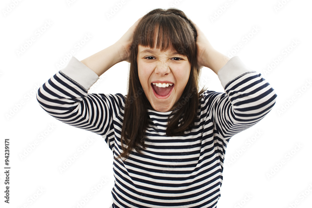 Adorable girl in very bad mood - hysterics. Isolated on white background Adorable girl in very bad mood - hysterics. Isolated on white background