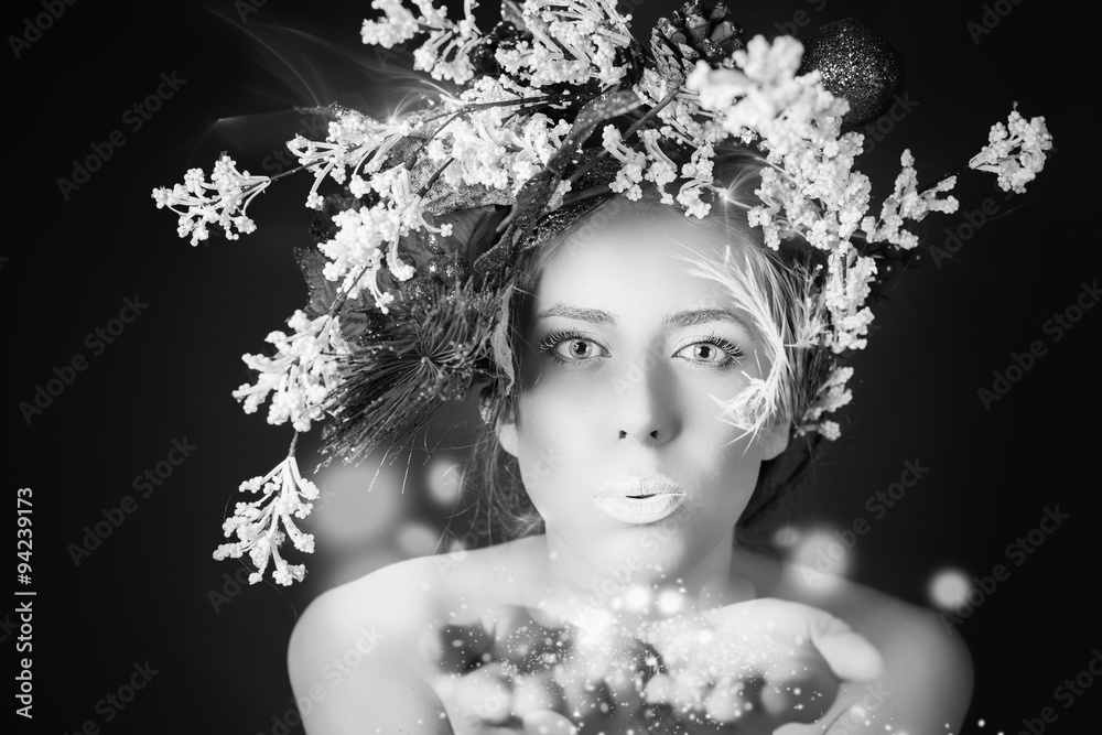 Christmas winter woman with tree hairstyle and makeup, magical fairy ...