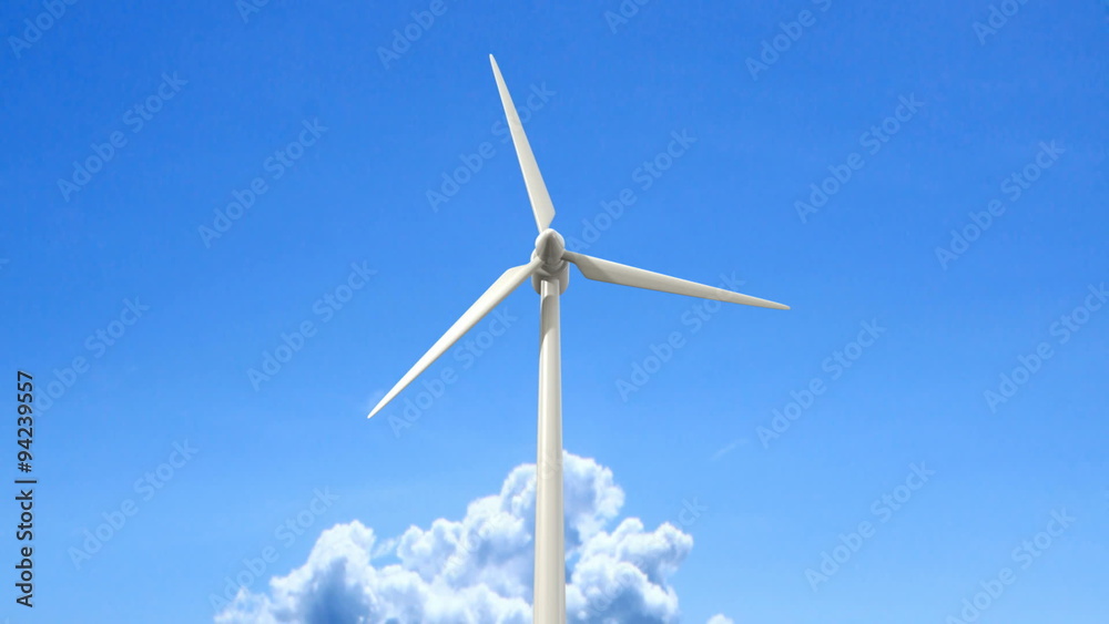 Regular wind turbines rotating in the wind on an isolated blue sky with a single fluffy cloud Regular wind turbines rotating in the wind on an isolated blue sky with a single fluffy cloud