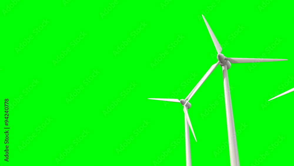Regular wind turbines rotating in the wind on an isolated blue sky with a single fluffy cloud Regular wind turbines rotating in the wind on an isolated blue sky with a single fluffy cloud
