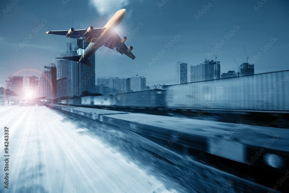 Naklejka premium container trains ,commercial freight cargo plane flying above use for logistic and transportation industry background