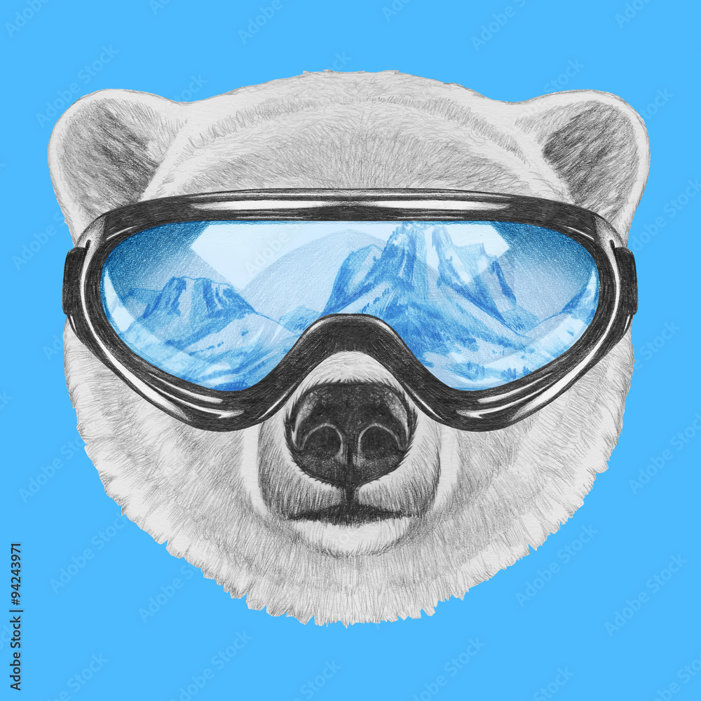 Naklejka premium Portrait of Polar Bear with ski goggles. Hand drawn illustration.