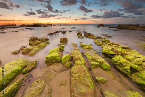 super green moss on the beautiful leading line rock formation during sunset