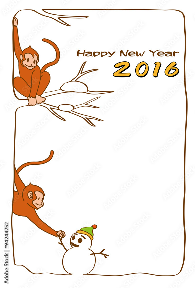 16年年賀状 猿と雪だるま 図案左レイアウト 縦書き 白色背景 はがきテンプレート Stock Vector Adobe Stock