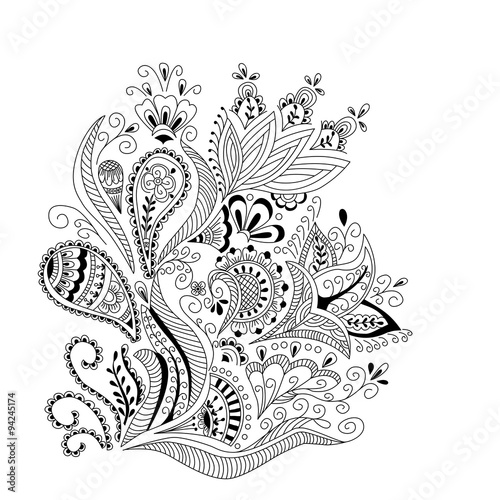 Abstract floral background  in mehndi style.  Hand drawn ink pattern made by trace from personal sketch.  Abstract background, cover. 