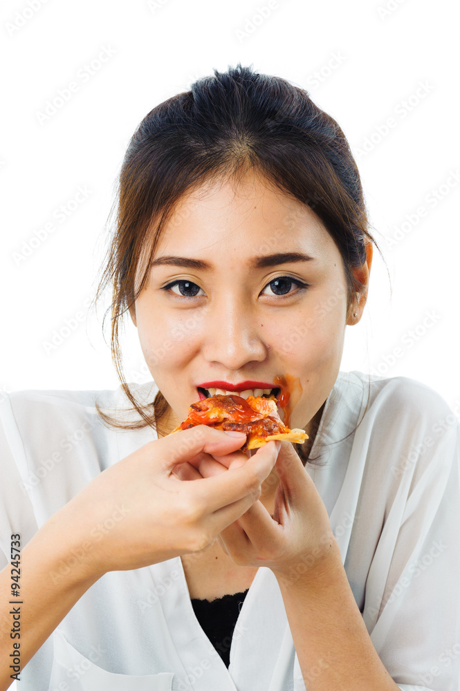 Young woman eat pizza