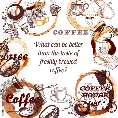 Coffee vector poster with hand drawn mugs coffee mills spots and