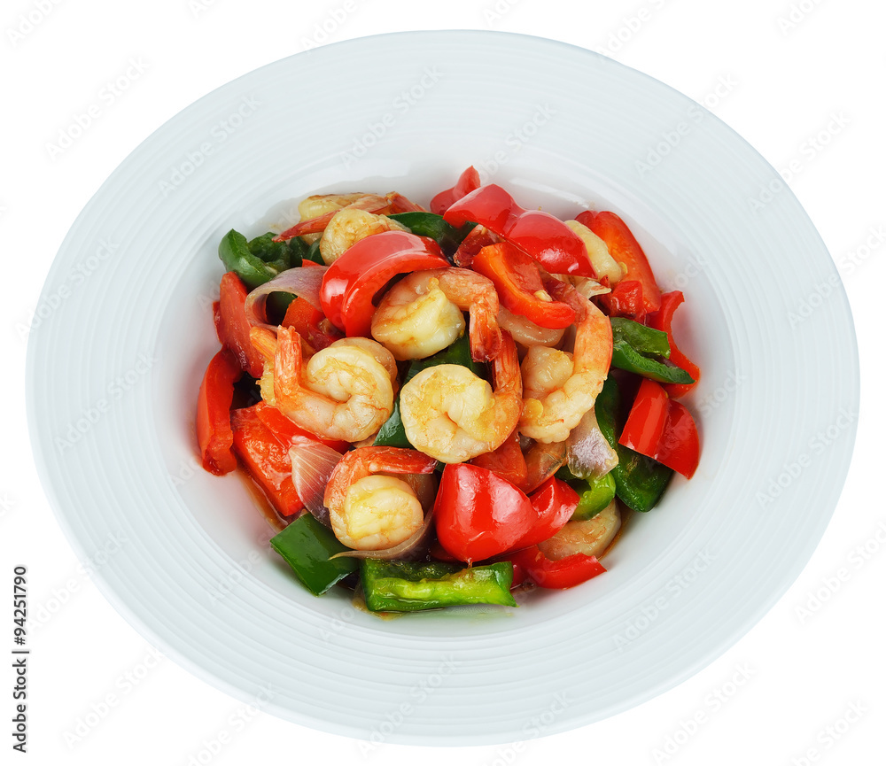Stir-fried shrimp with chilli on white background