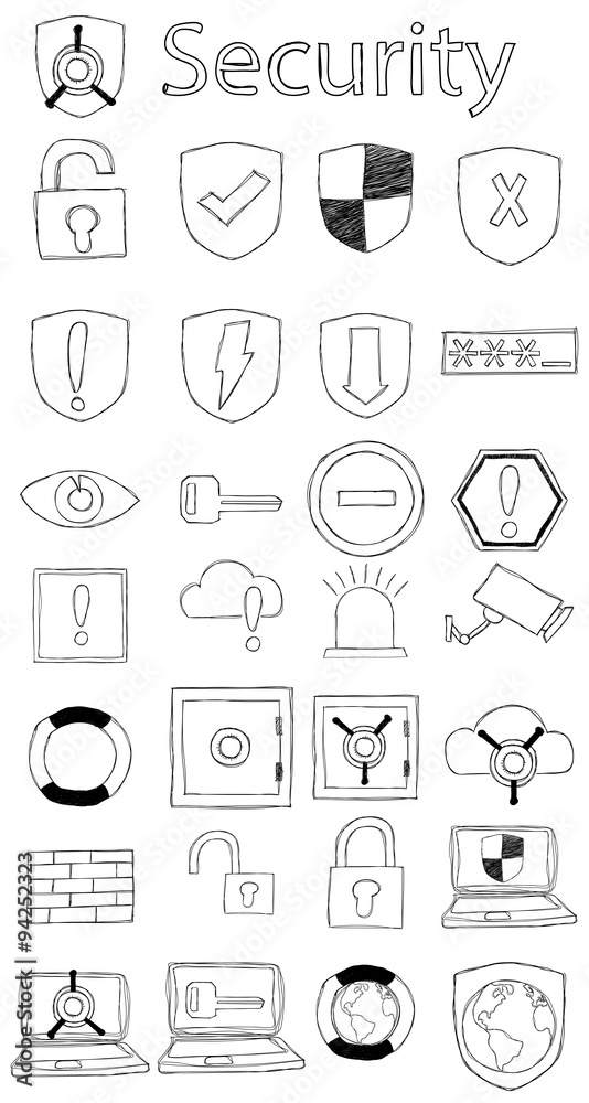 Vector, hand drawn, doodle security icon set.