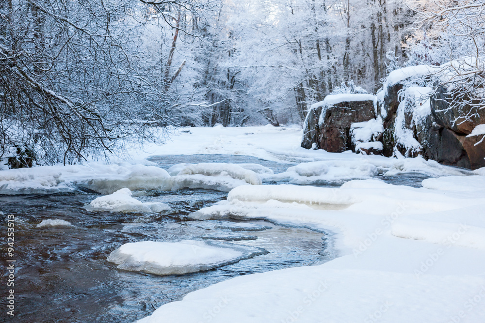River with snow and ice in the winter woods River with snow and ice in the winter woods