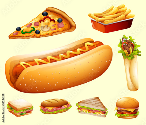 Food set with various kind of fastfood