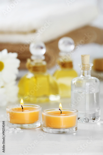 Composition of spa treatment on table  on white background