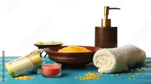 Beautiful spa composition with cosmetic bottle on light background