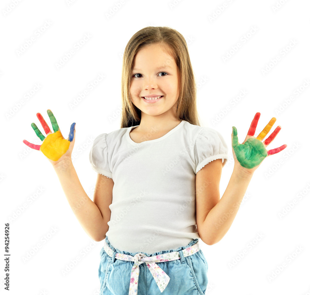 Little girl with hands in paint, isolated on white Little girl with hands in paint, isolated on white