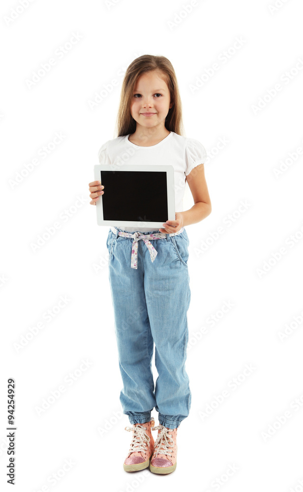 Beautiful little girl with digital tablet, isolated on white Beautiful little girl with digital tablet, isolated on white